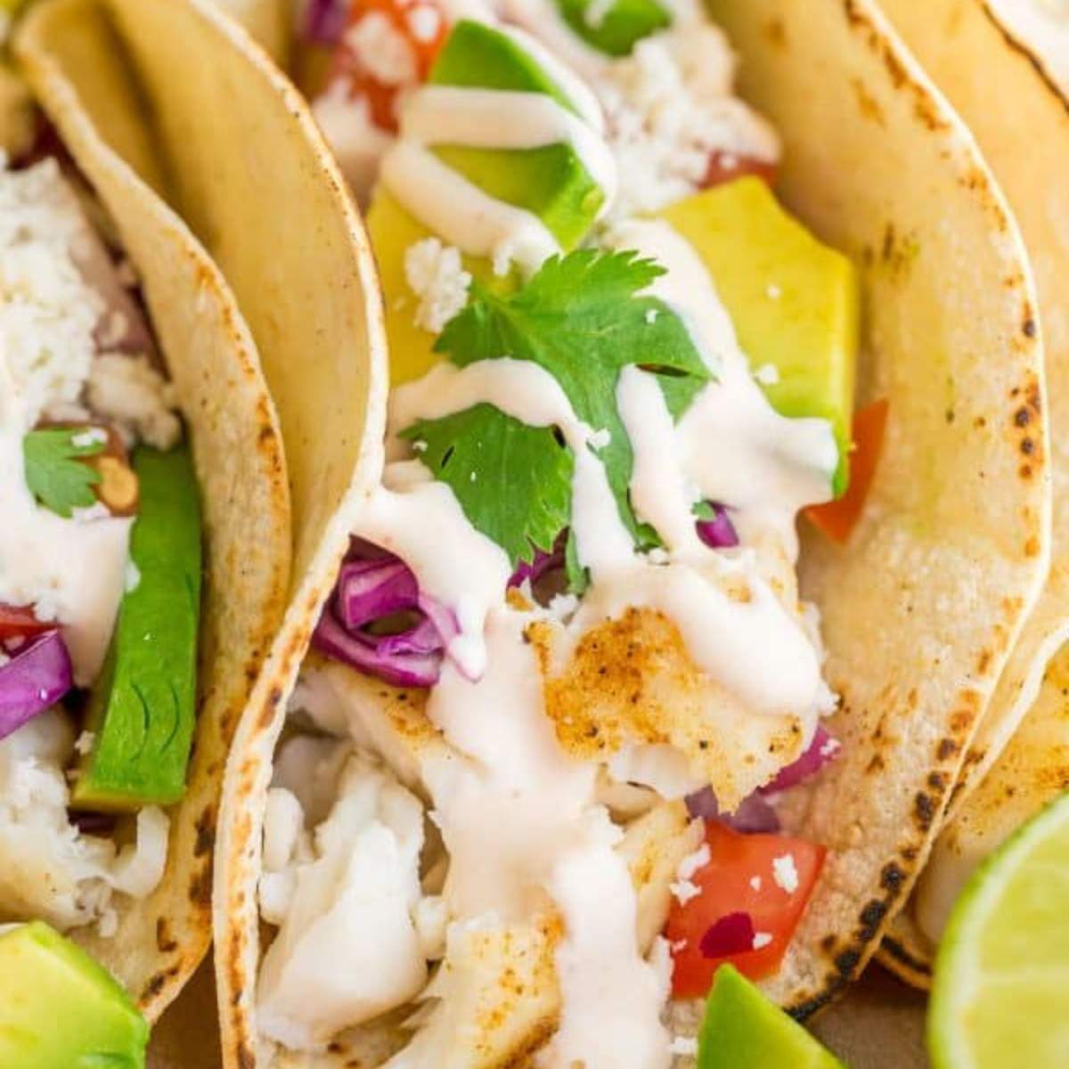  Fish tacos with grilled white fish, shredded cabbage, avocado, salsa, and a creamy white sauce.