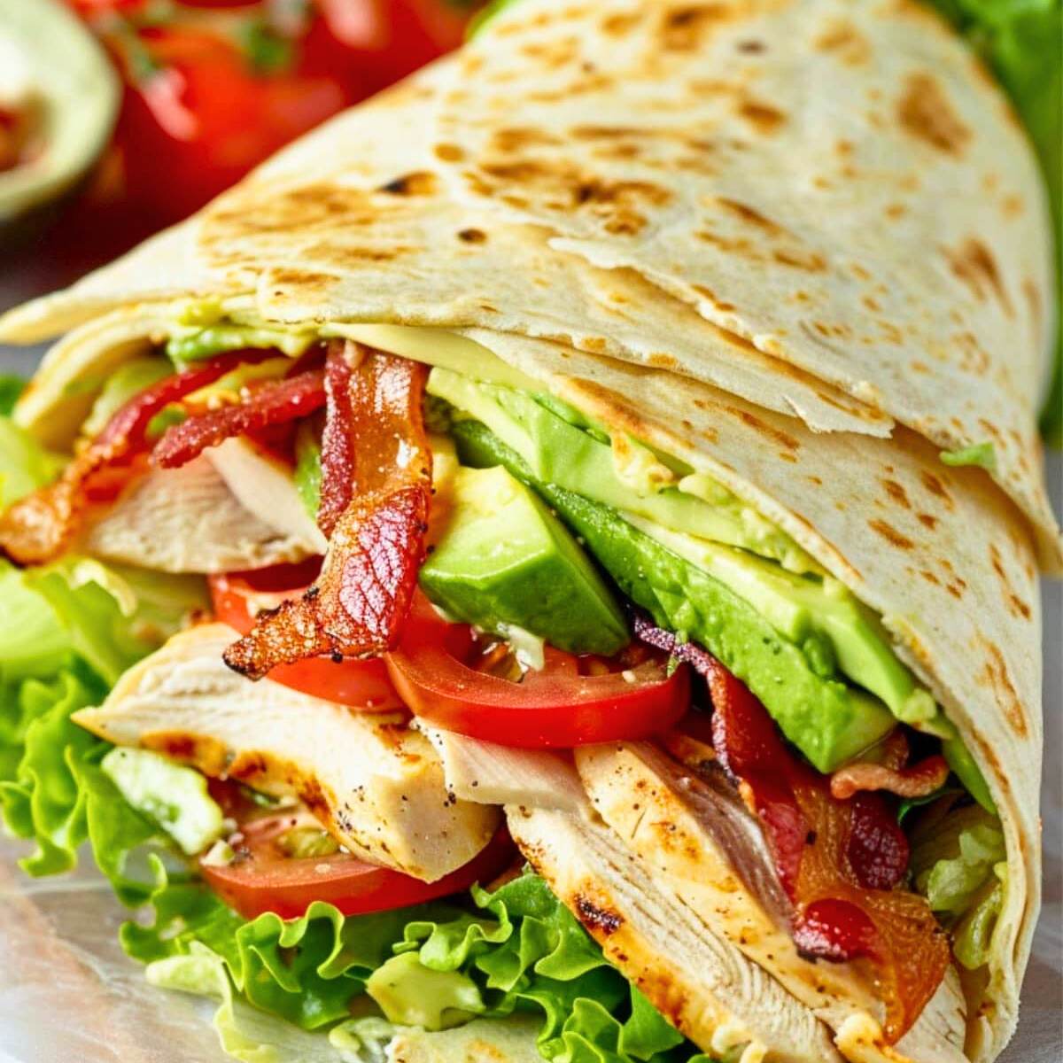 A photo of a chicken club wrap cut in half, showing grilled chicken, bacon, avocado, lettuce, and tomato inside a tortilla.