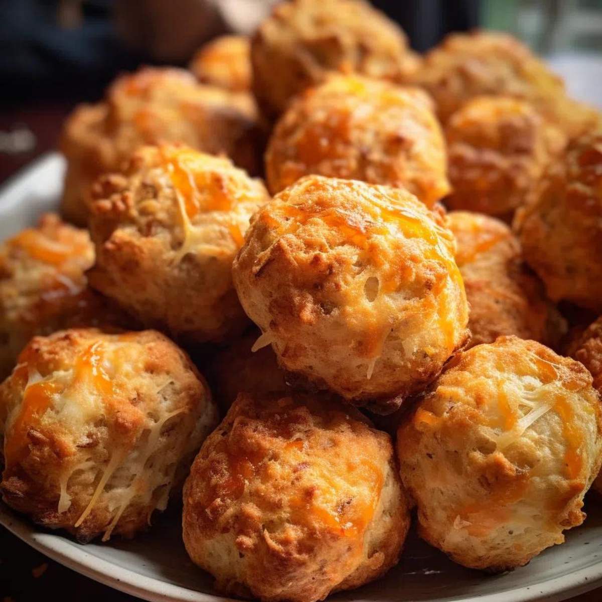  A platter of fluffy, buttery biscuits with melted cheese, perfect for a delicious breakfast or brunch.

