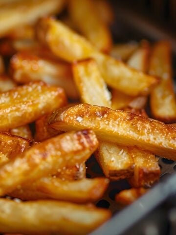 french fries cooking in air fryer basket