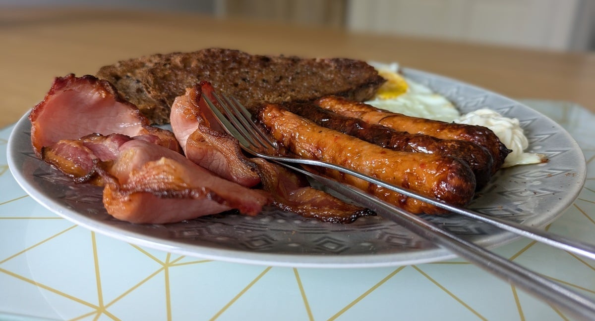 spicy chicken sausages and smoked back bacon to go alongside my sourdough toast and fried egg