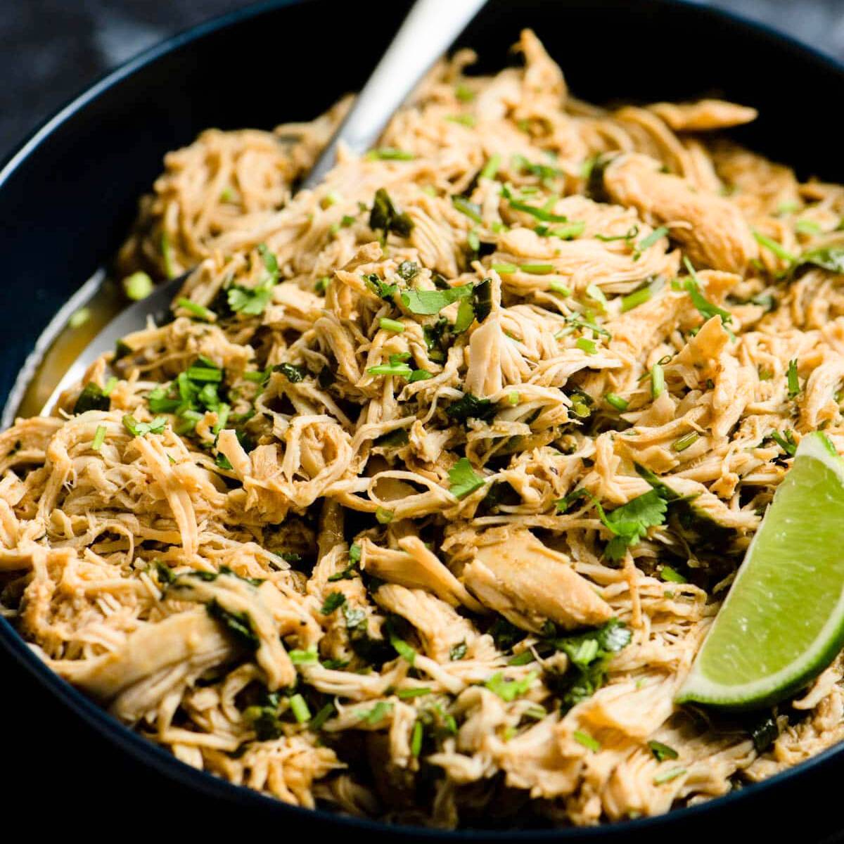 A bowl of shredded chicken in a flavorful green chili sauce. Fresh cilantro is sprinkled on top, and a lime wedge is placed next to the bowl.