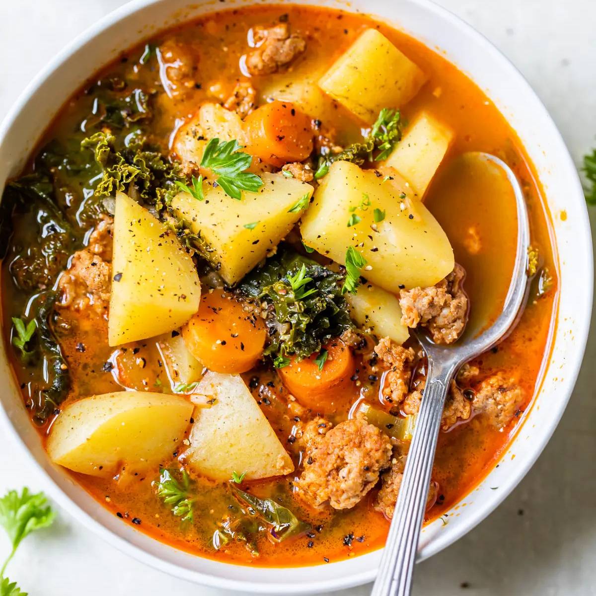 A bowl of hearty sausage potato soup, filled with chunks of sausage, potatoes, carrots, and kale. The soup is a vibrant red color and is topped with fresh parsley.