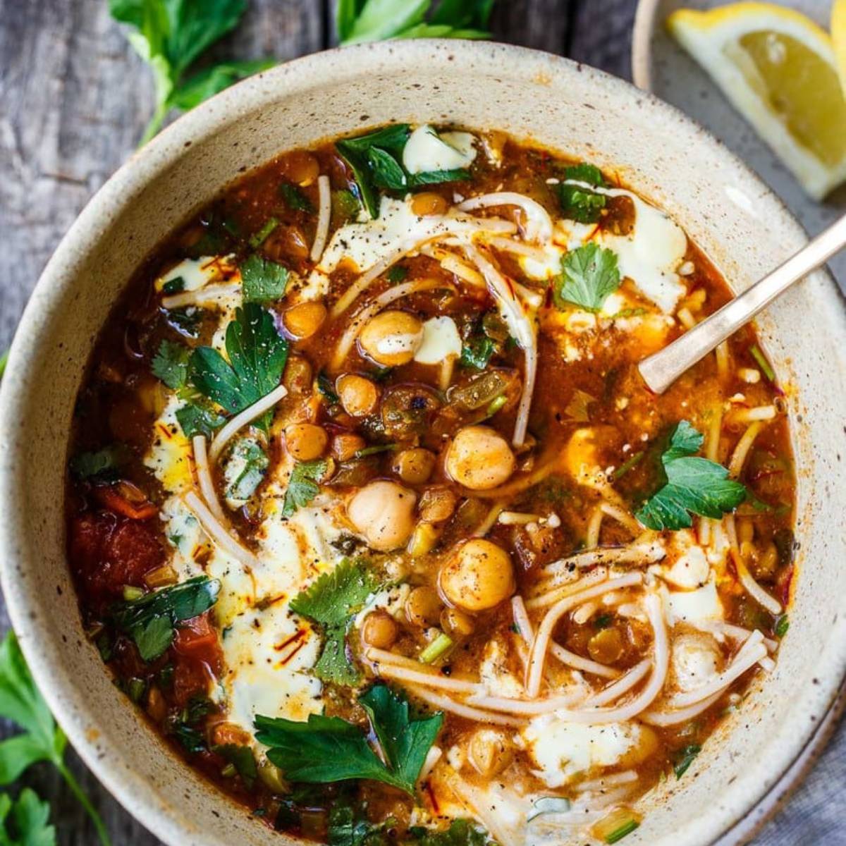 A bowl of hearty Moroccan lentil soup, filled with lentils, chickpeas, noodles, and vegetables. The soup is a vibrant red color and is topped with a dollop of yogurt, fresh parsley, and a sprinkle of paprika. 