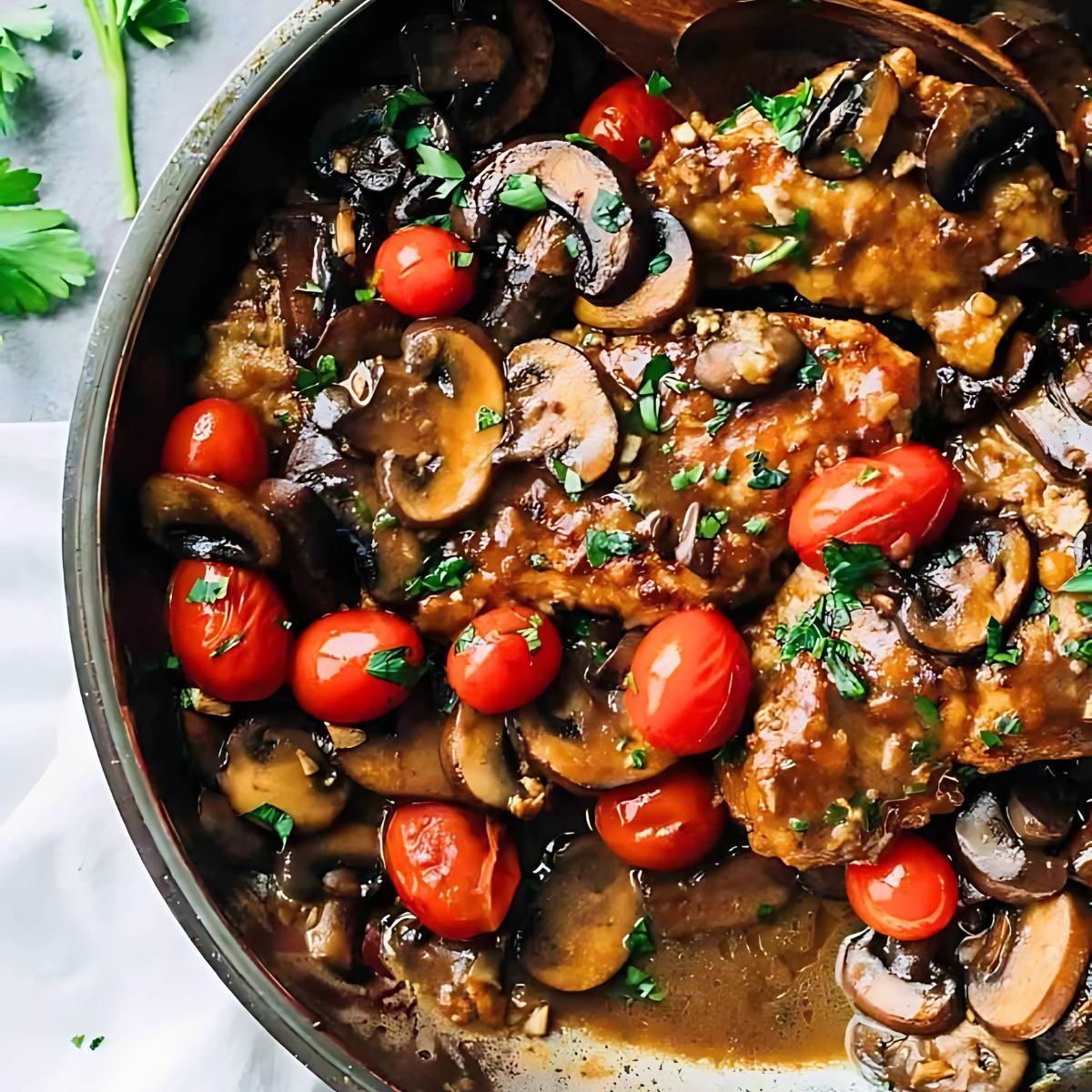 A skillet filled with chicken marsala, a dish made with chicken, mushrooms, and a marsala wine sauce. The dish is garnished with fresh parsley and cherry tomatoes.