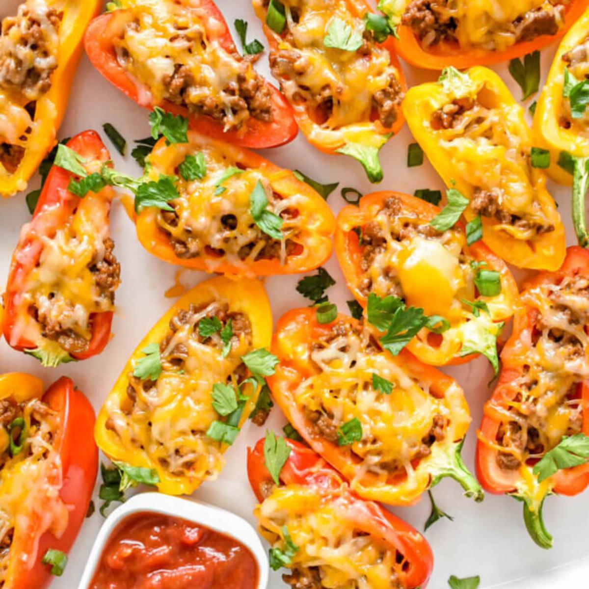 Baked mini peppers stuffed with ground beef, cheese, and taco seasoning, served with a small bowl of salsa.