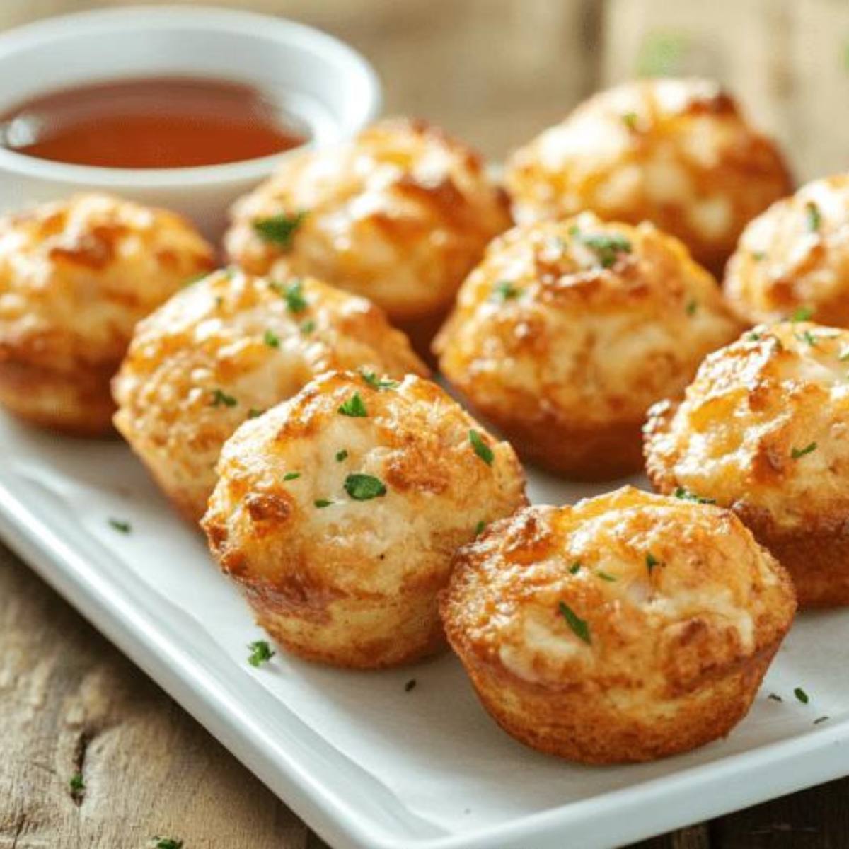  A plate of mini savory muffins with a side of dipping sauce.