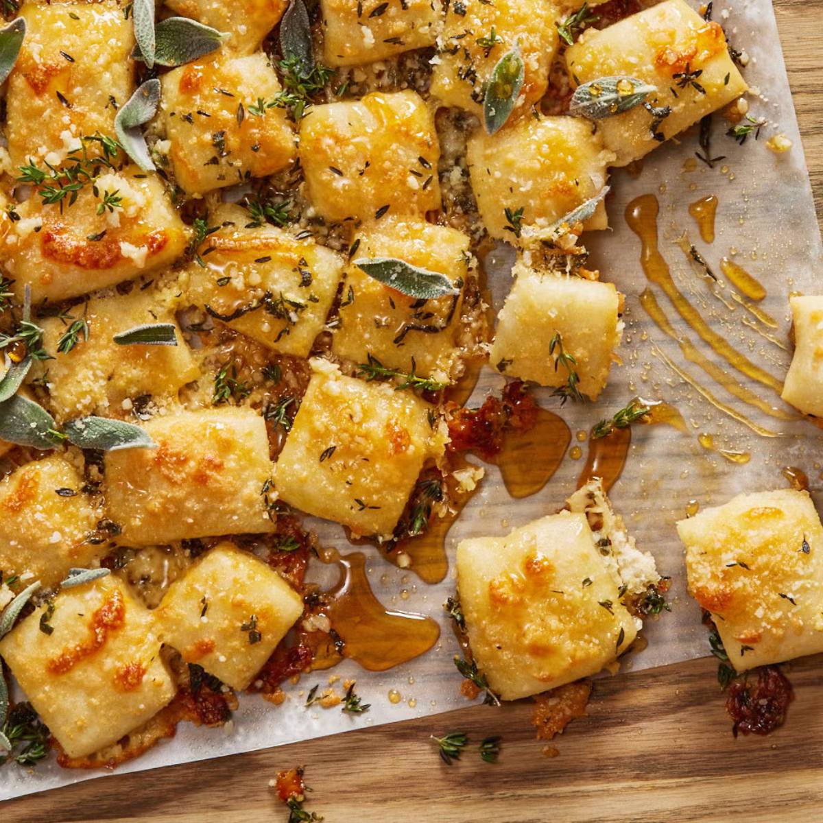 A close-up of crispy, golden-brown bread squares on a baking sheet. The bread is topped with melted cheese, herbs, and a drizzle of honey.