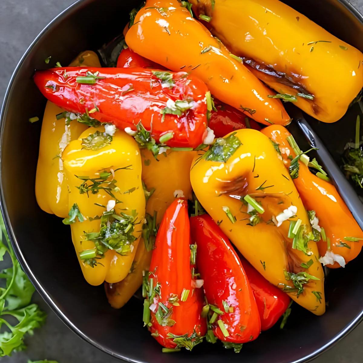 Pickled red and yellow mini peppers in a black bowl, topped with fresh herbs and garlic.