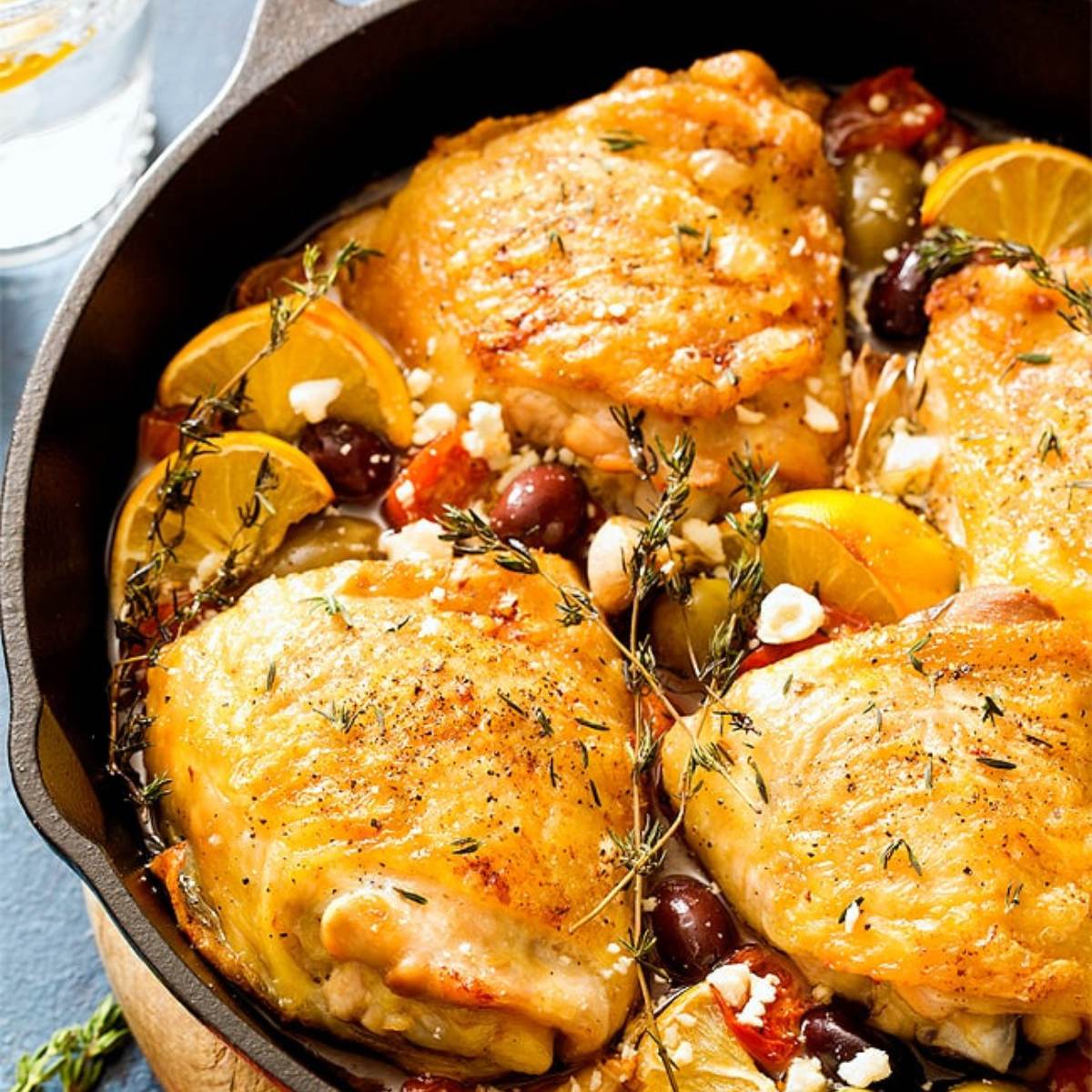  A skillet filled with Mediterranean-style chicken thighs cooked in a lemon-olive sauce with herbs and feta cheese.