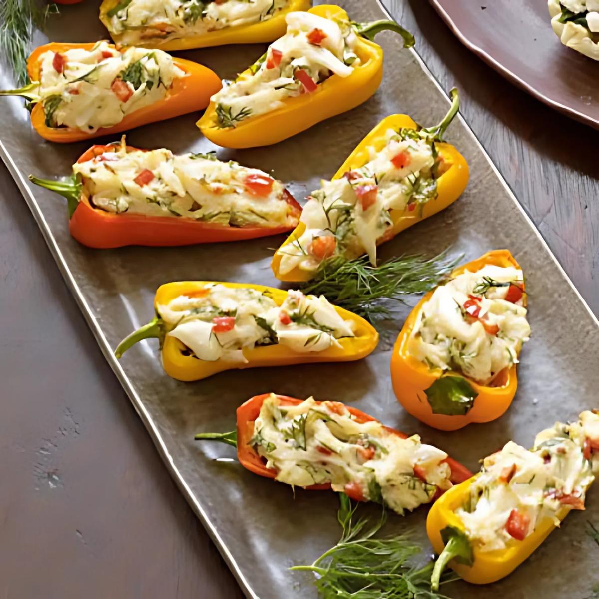 Baked mini peppers stuffed with a creamy crab and cheese mixture, garnished with fresh dill. Served on a platter.