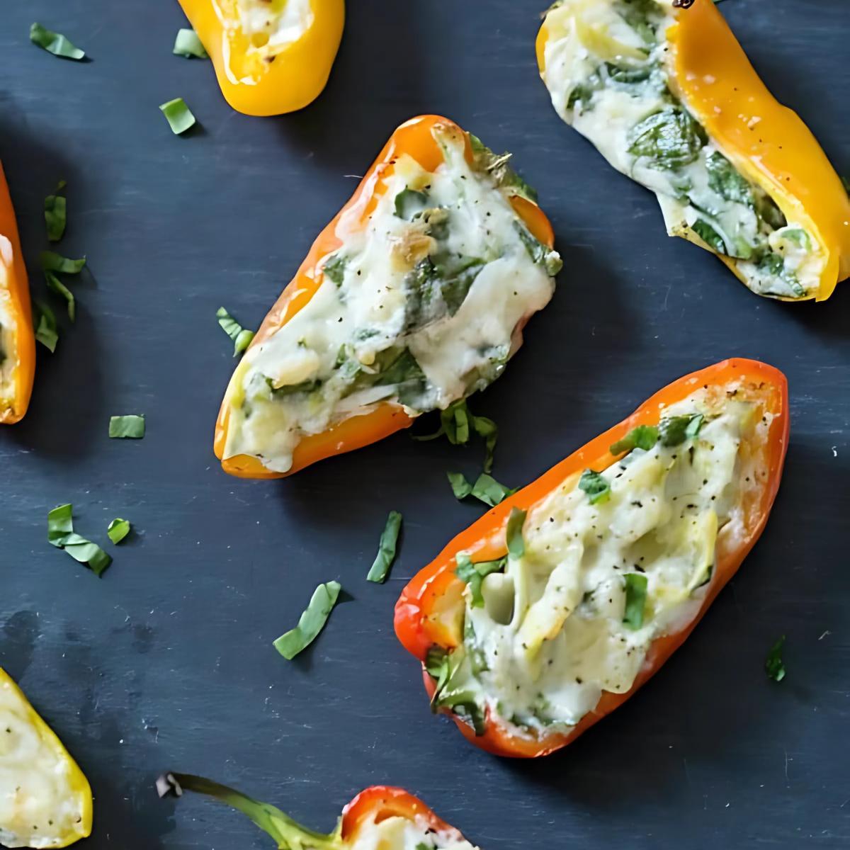 Baked mini peppers stuffed with a creamy spinach and cheese mixture, topped with fresh basil. 