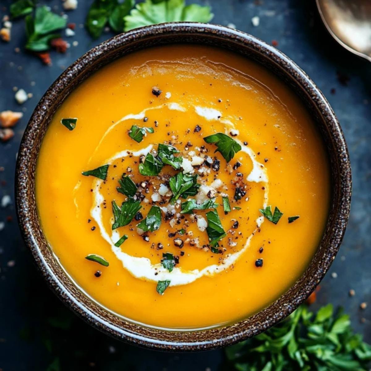 A bowl of creamy butternut squash soup topped with fresh parsley, a drizzle of cream, and a sprinkle of black pepper.