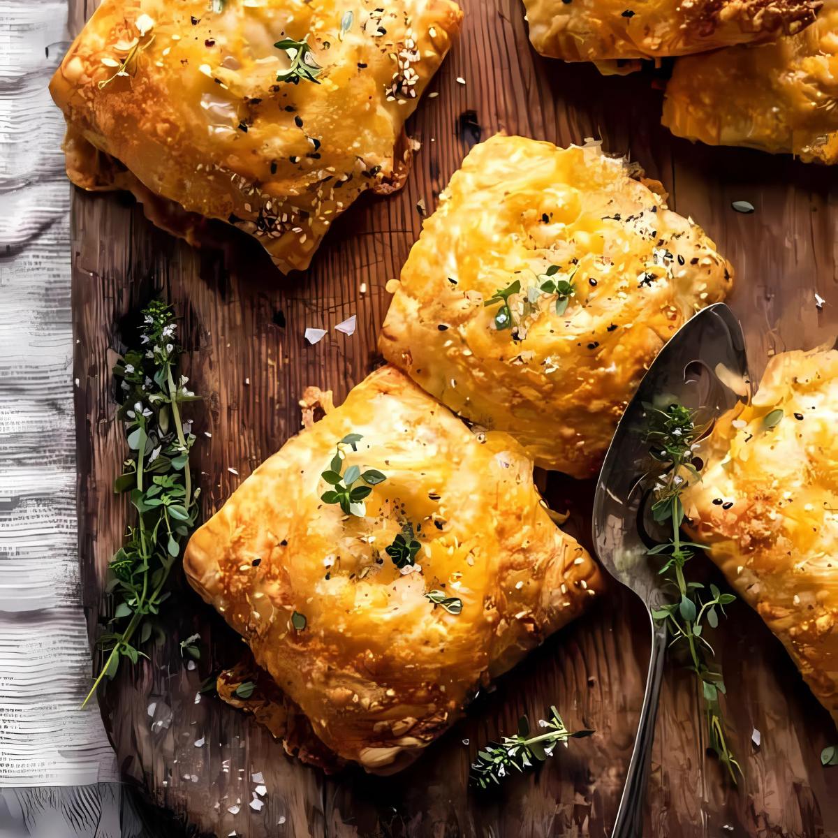 A close-up of several golden-brown, flaky pastries filled with a savory filling, on a wooden cutting board.