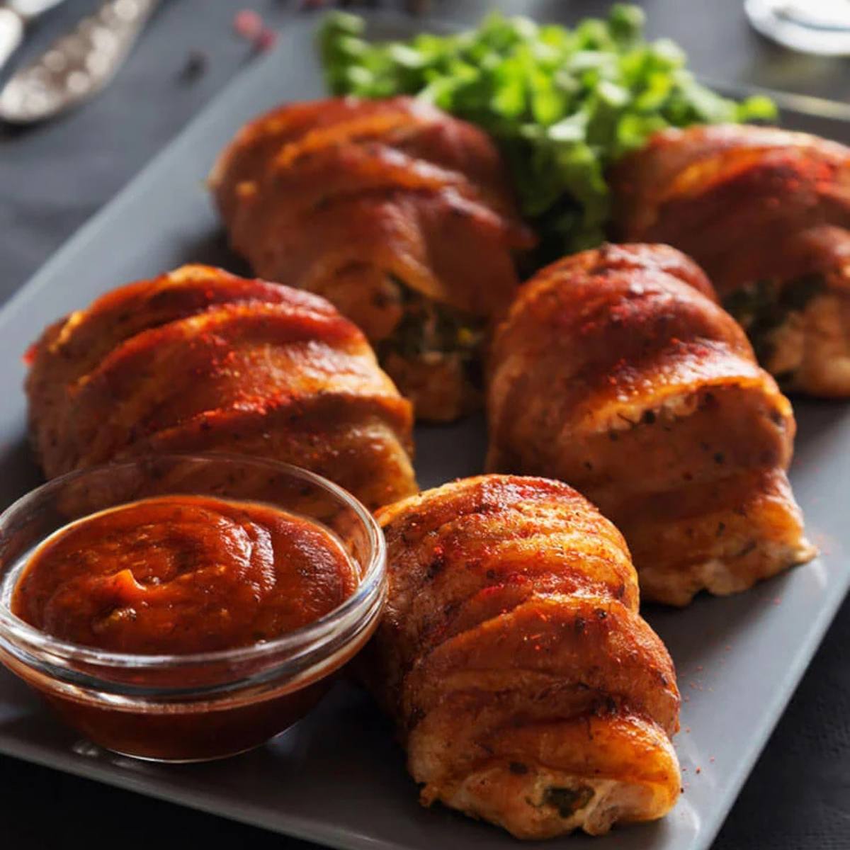 A platter of bacon-wrapped pheasant breasts with a side of barbecue sauce. The chicken looks juicy and flavorful, and the bacon is crispy.