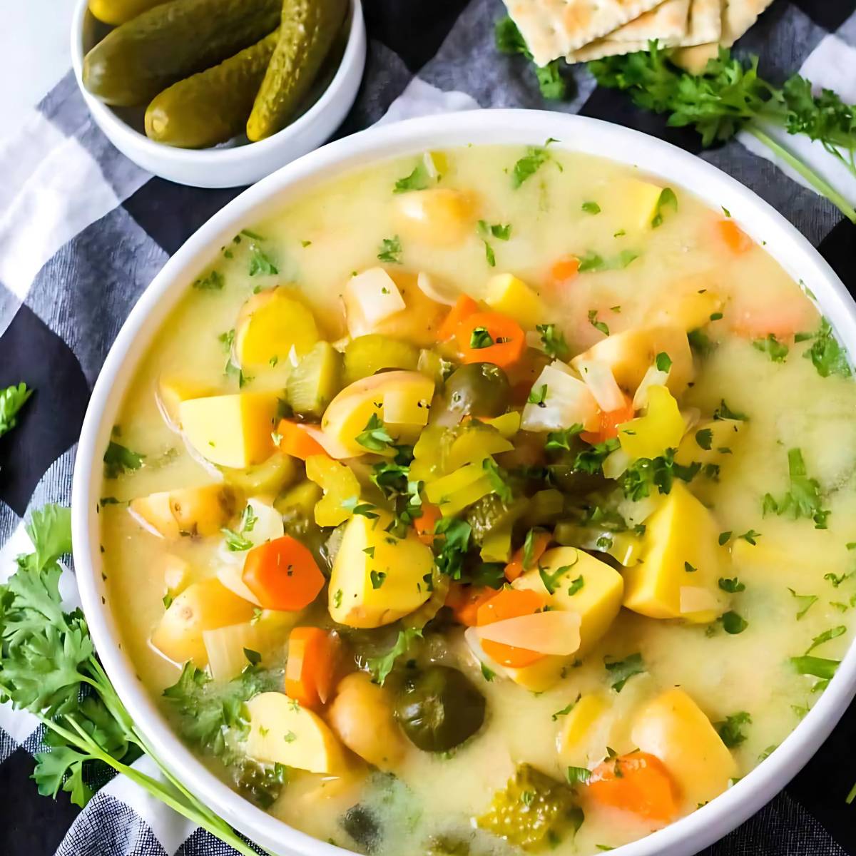 A close-up shot of a white bowl filled with a hearty pickle soup, garnished with fresh herbs.