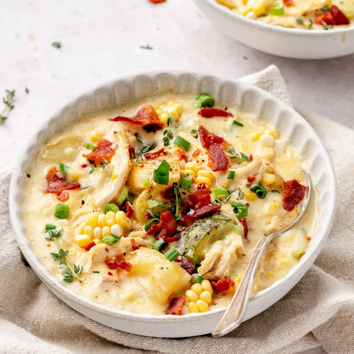 A bowl of creamy chicken corn chowder with bits of bacon, corn kernels, potatoes, and green onions.