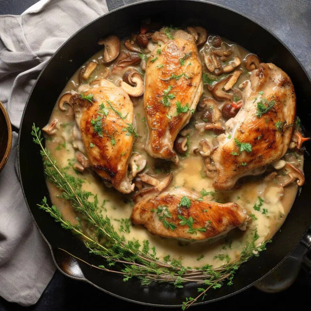 A cast iron skillet filled with a hearty dish of pheasant breasts simmering in a creamy sauce with mushrooms. The pheasant is golden brown and looks tender, while the sauce is rich and flavorful.