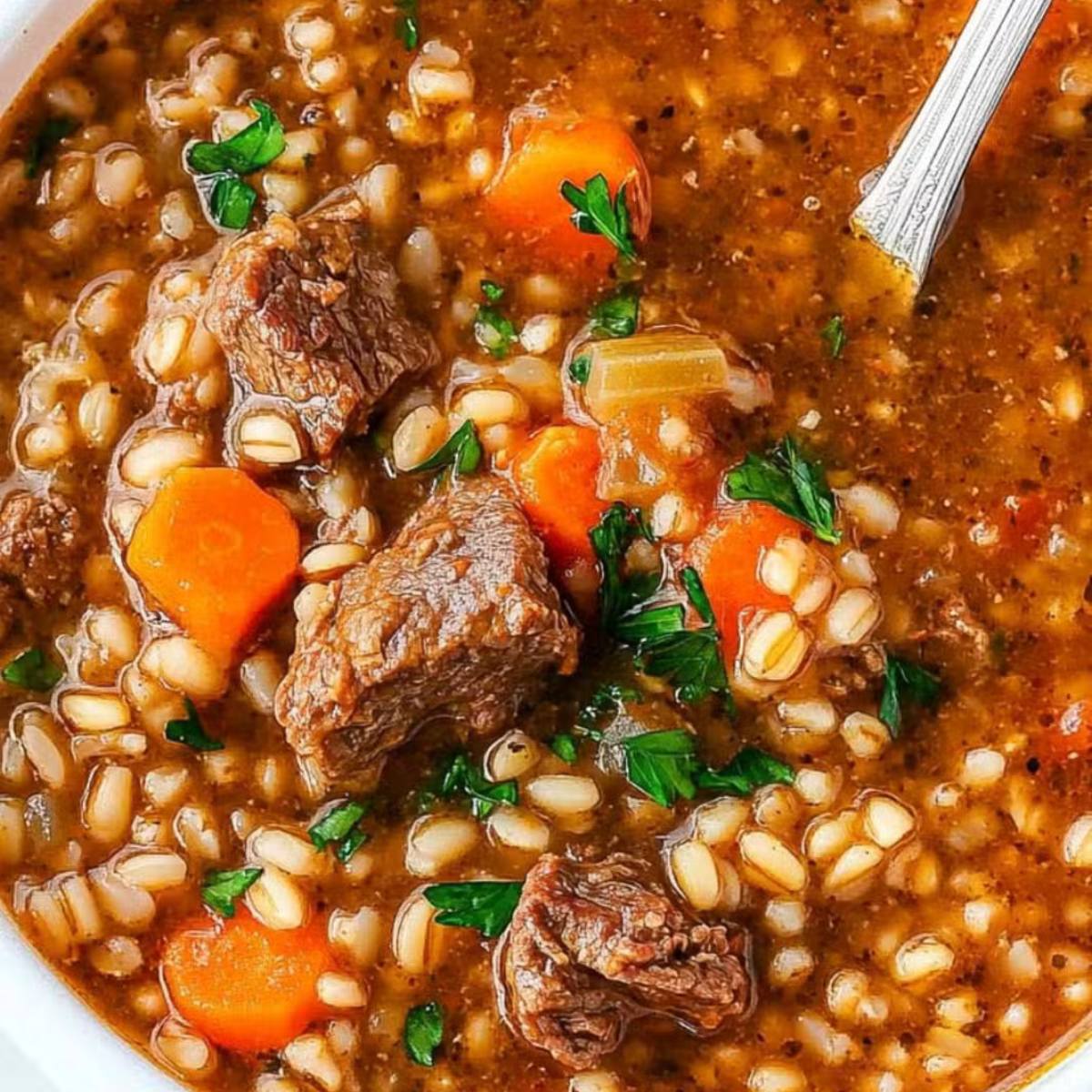 A close-up of a bowl filled with a hearty beef barley soup. The soup is made with tender beef, barley, carrots, and a rich, flavorful broth. A spoon is resting in the bowl.