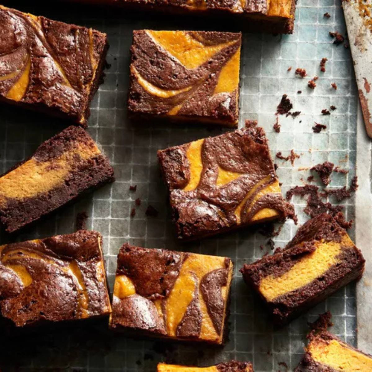 A close-up of a baking sheet filled with pumpkin swirl brownies. The brownies are cut into squares and have a beautiful marbled pattern of chocolate and pumpkin.