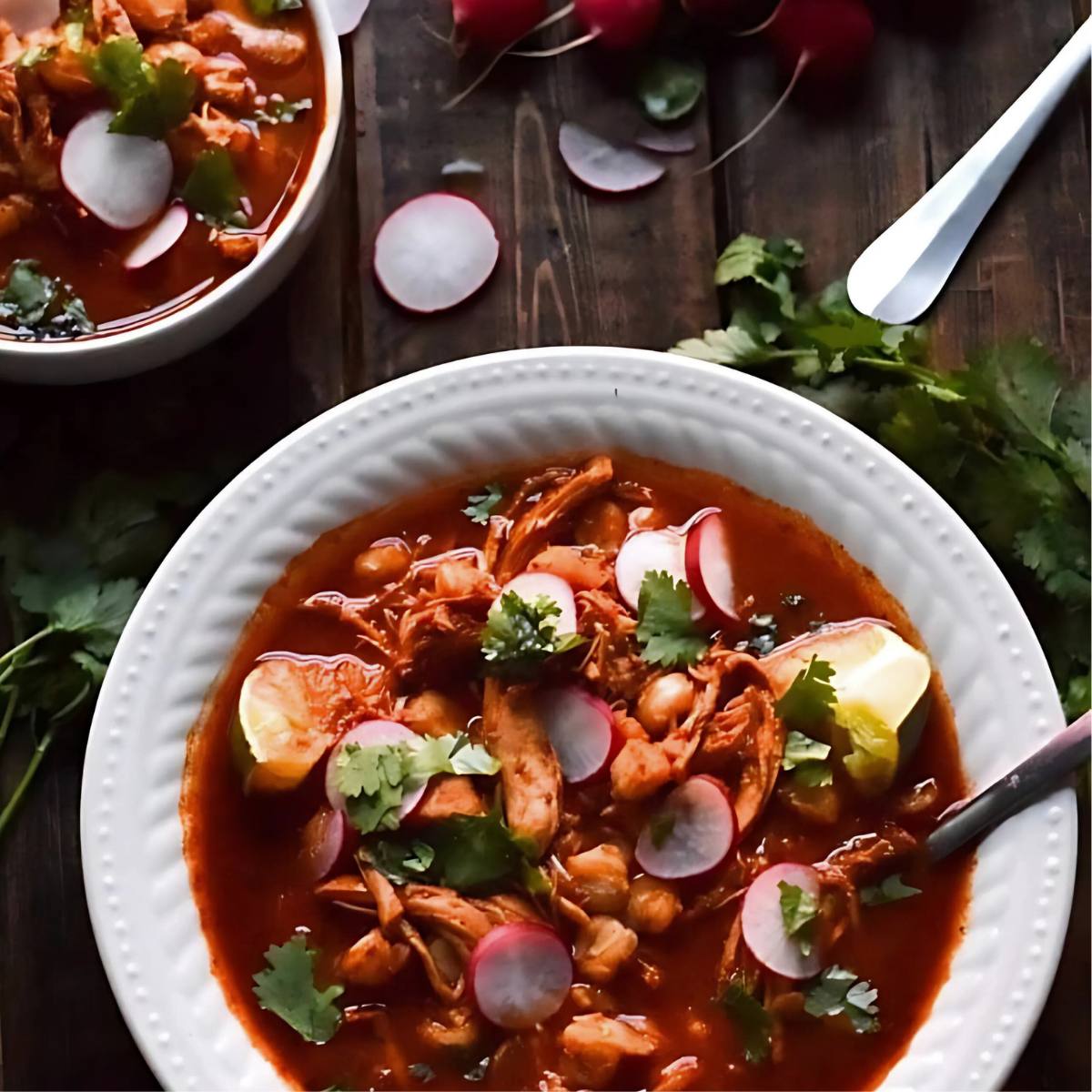 A bowl of pozole, a traditional Mexican soup with hominy, pork, and a variety of toppings.