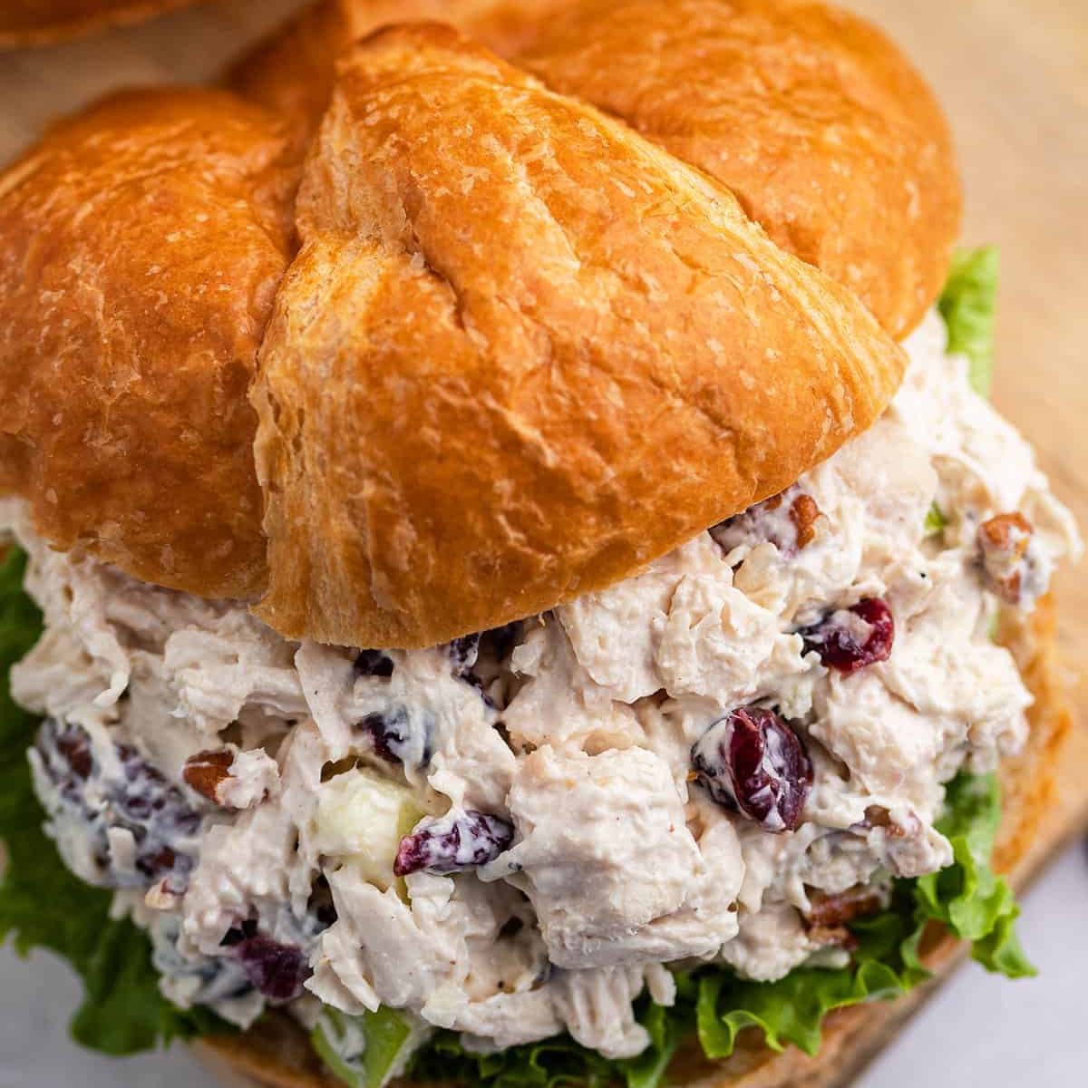 A close-up of a croissant sandwich filled with a creamy chicken salad, topped with lettuce.