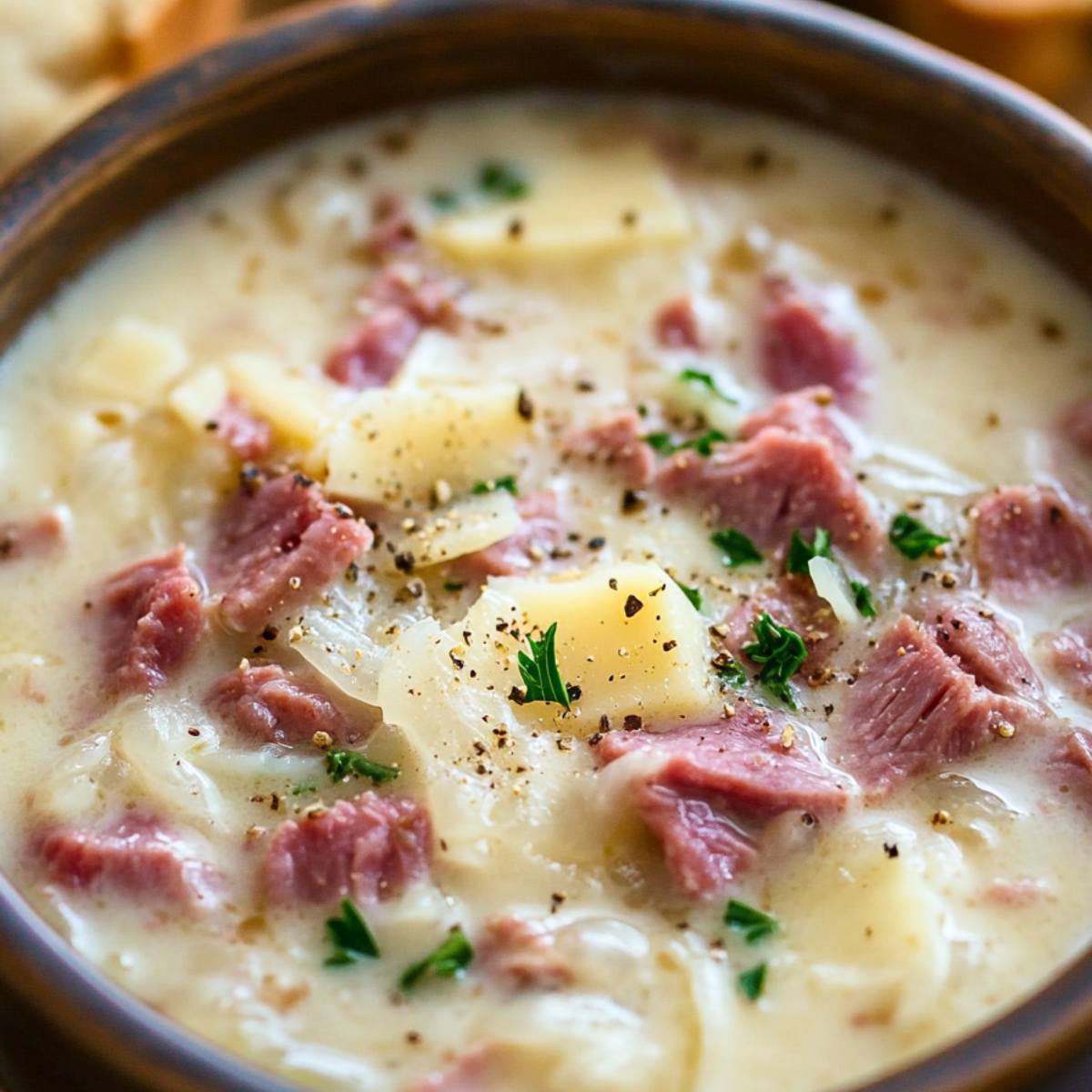 A close-up of a bowl filled with a creamy potato soup. The soup is topped with chunks of ham, parsley, and black pepper.