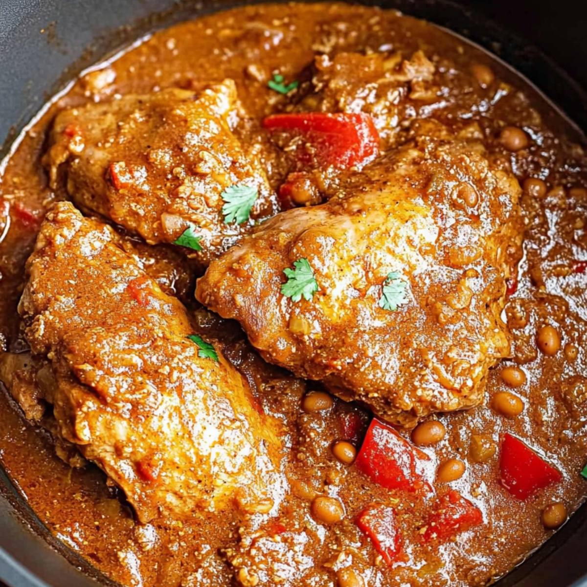 A close-up of a pot filled with a hearty chicken chili. The chili is made with chunks of chicken, beans, and peppers, all simmered in a rich, flavorful sauce.