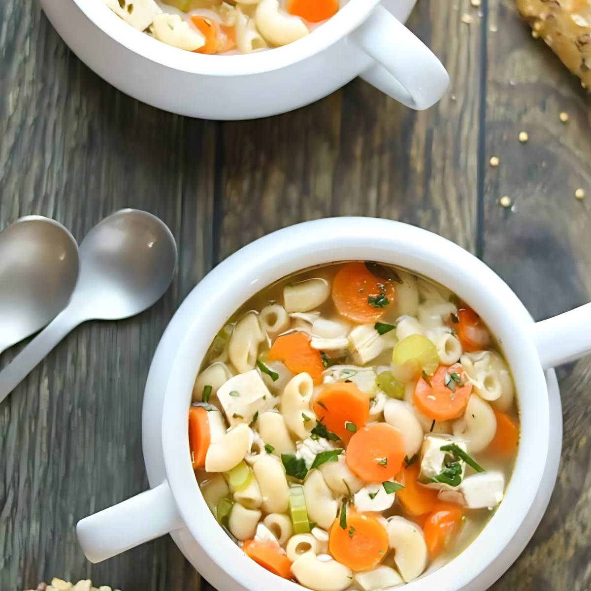 A close-up shot of two white bowls filled with a comforting chicken noodle soup, garnished with fresh parsley.