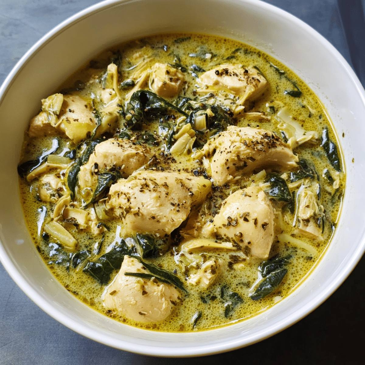 A white bowl filled with a creamy green curry. The curry is made with tender chicken, spinach, and a rich, flavorful sauce.