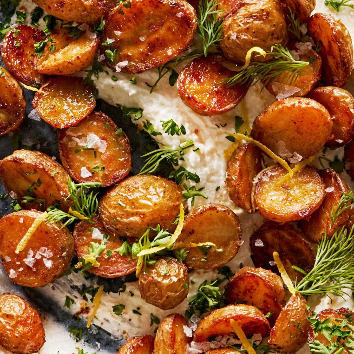 A close-up of crispy roasted potatoes with herbs, lemon zest, and salt, served on a bed of creamy ricotta cheese.