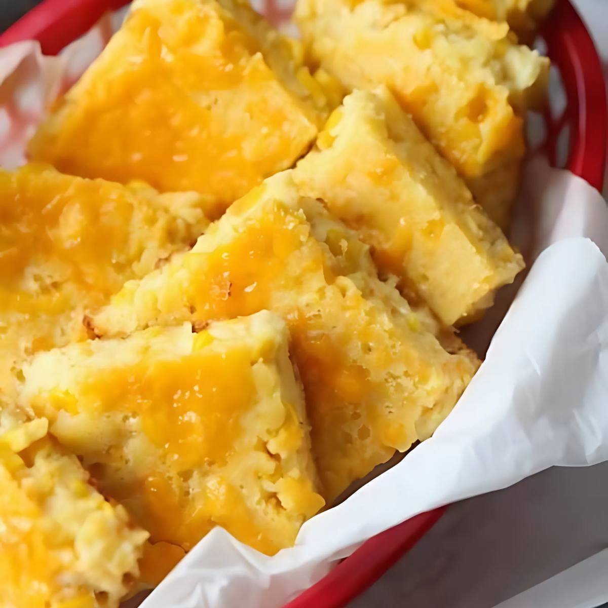 A basket of cheesy cornbread squares.