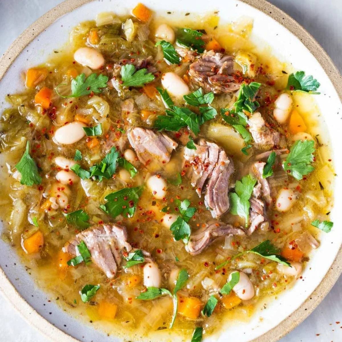 A bowl of soup filled with white beans, carrots, celery, and tender pieces of meat. The soup is topped with fresh parsley.