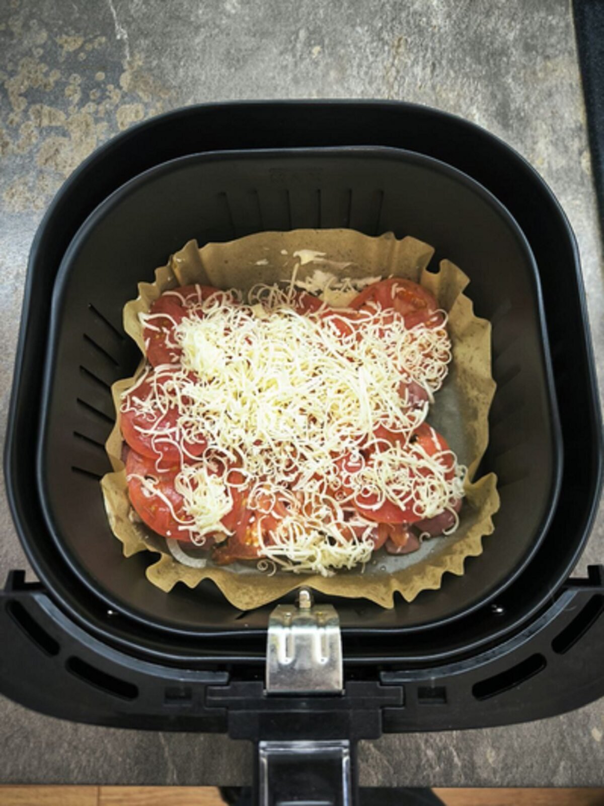 baked chicken, tomatoes, cheese in air fryer