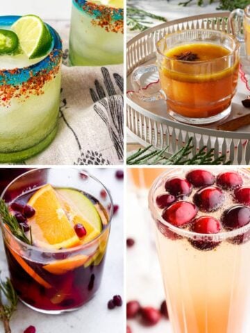 A collage of four festive winter cocktails