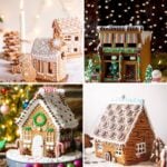 Four intricately decorated gingerbread houses with unique styles, showcasing different decorating techniques and designs.