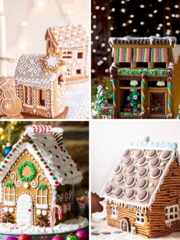 Four intricately decorated gingerbread houses with unique styles, showcasing different decorating techniques and designs.