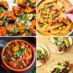 A collage showcasing various delicious sweet potato dishes, including roasted sweet potatoes, hummus, chili, and tacos.