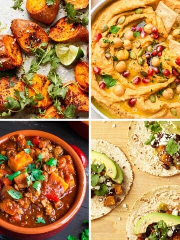 A collage showcasing various delicious sweet potato dishes, including roasted sweet potatoes, hummus, chili, and tacos.