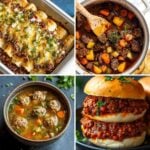 A collage of four hearty and comforting dishes: cheesy enchiladas, hearty beef stew, meatball soup, and sloppy joes.