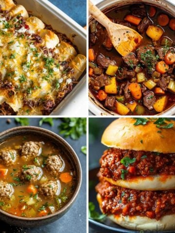 A collage of four hearty and comforting dishes: cheesy enchiladas, hearty beef stew, meatball soup, and sloppy joes.