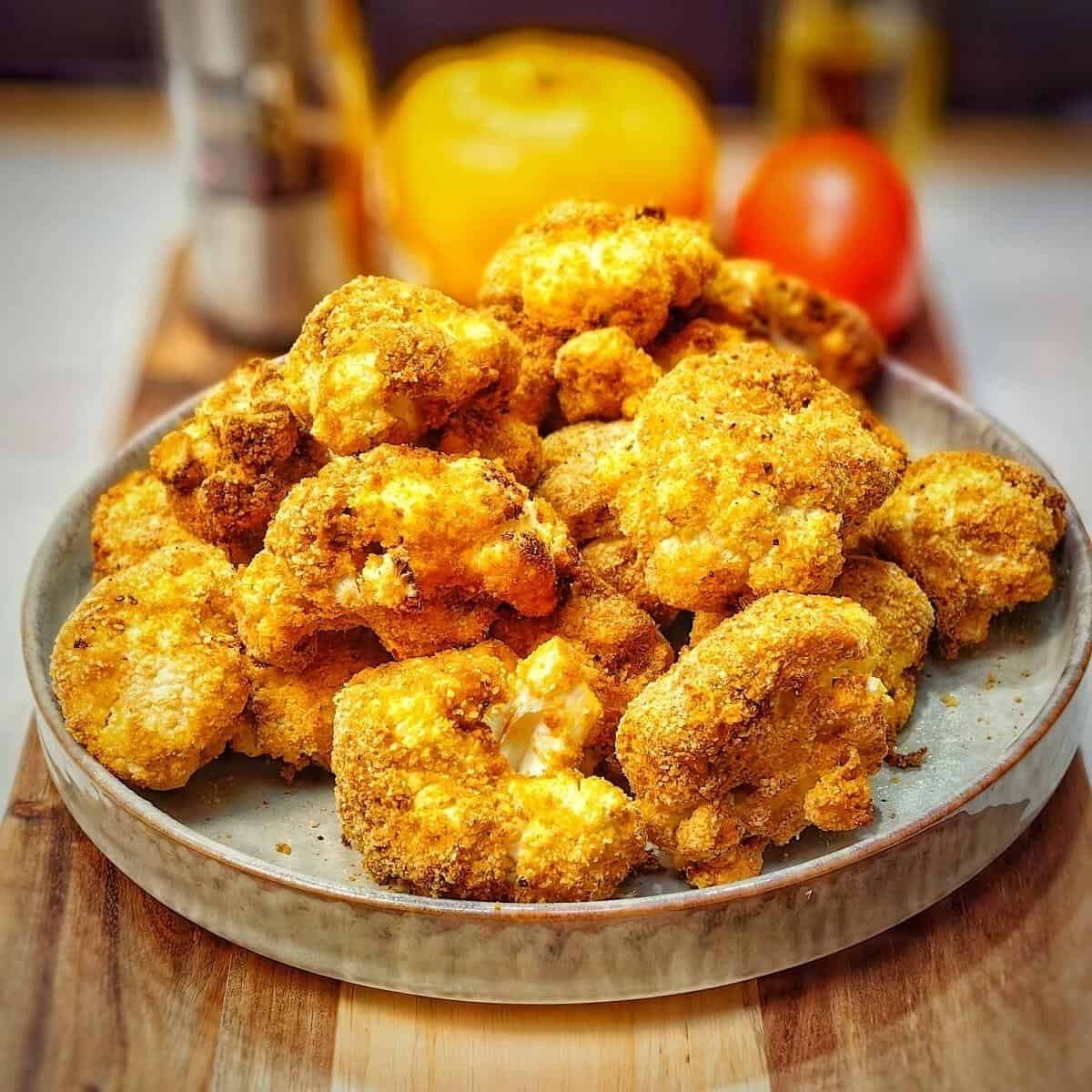 A plate of golden-brown, breaded cauliflower florets. The cauliflower looks crispy and delicious, and there are hints of spices or herbs in the breading.