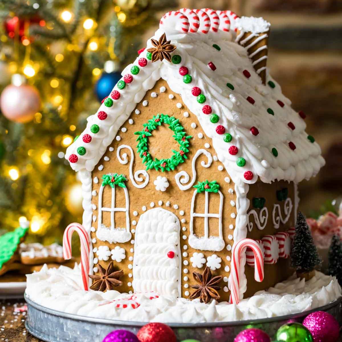 A festive gingerbread house decorated with icing and candies, sitting in front of a Christmas tree with twinkling lights.