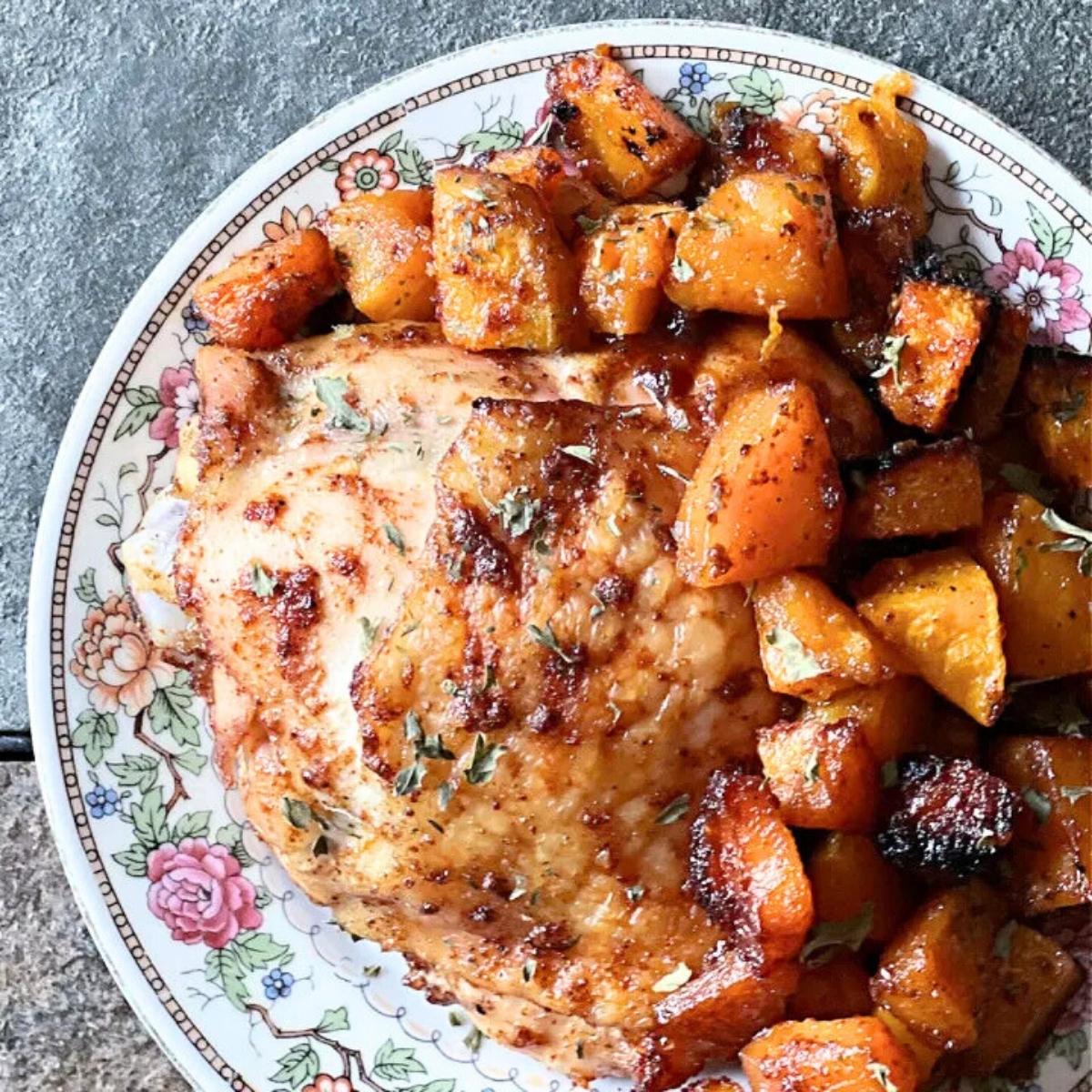 A plate of roasted chicken with a side of roasted butternut squash. The chicken is seasoned 