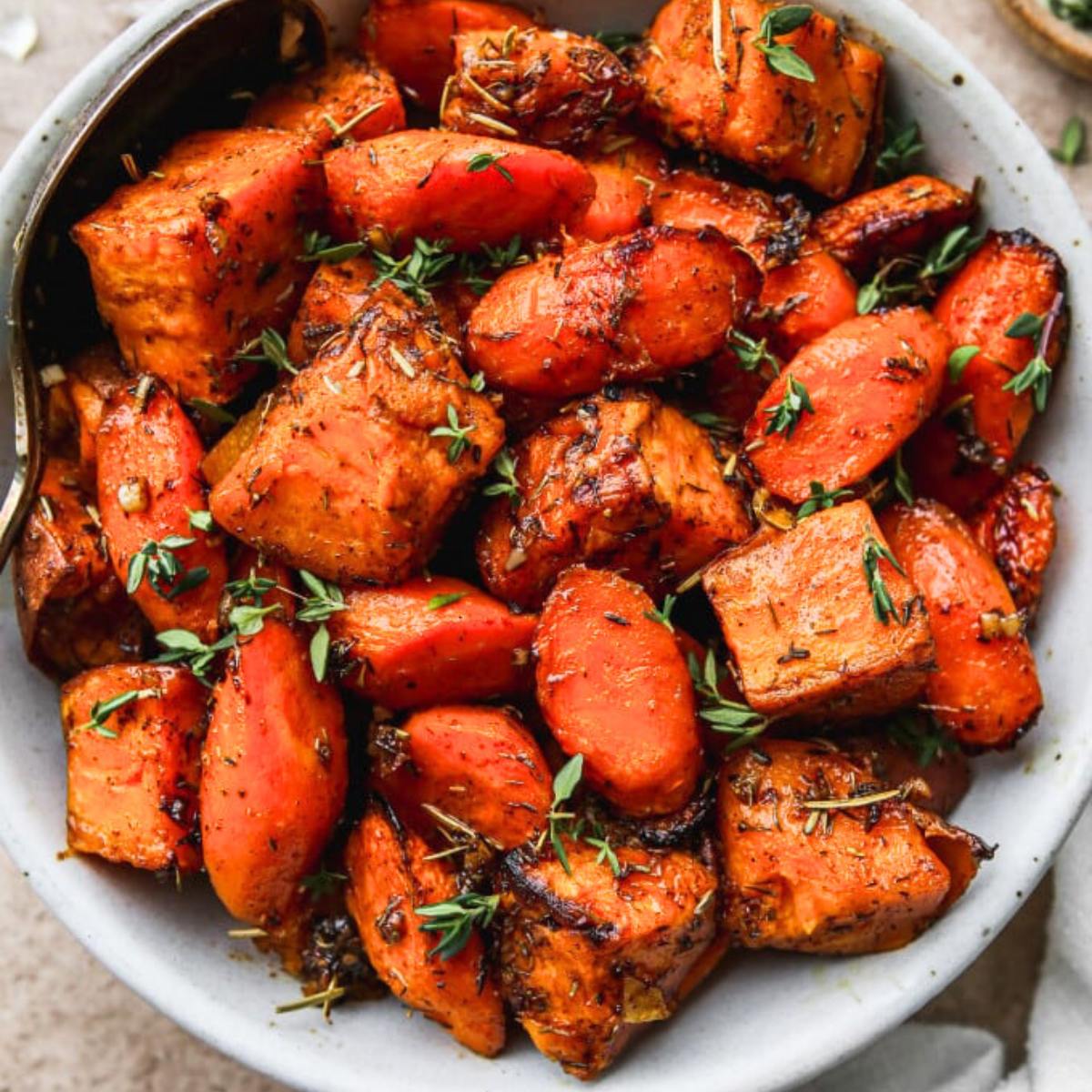 A bowl of roasted sweet potatoes and carrots, seasoned with herbs and spices.