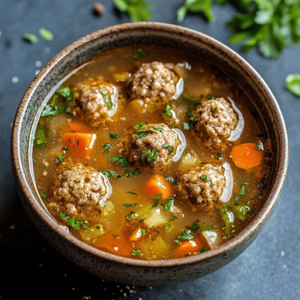 A bowl of hearty and comforting meatball soup. The soup is filled with tender meatballs, carrots, and other vegetables, all simmered in a flavorful broth.