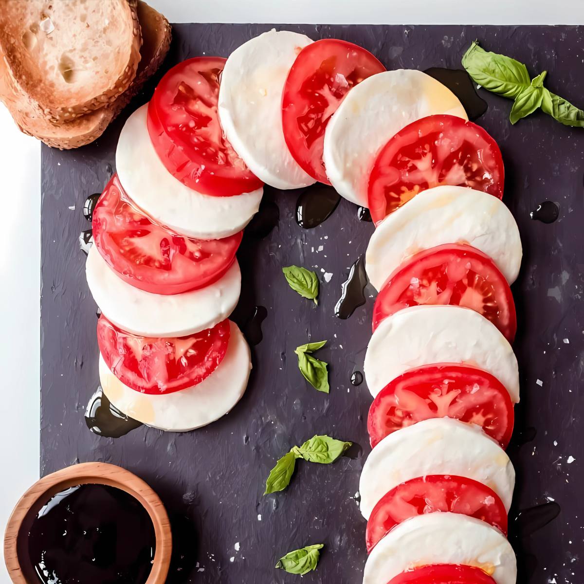 A festive Caprese salad arranged in the shape of a candy cane on a black slate board. The salad consists of alternating slices of fresh mozzarella and ripe tomatoes, drizzled with balsamic glaze. Fresh basil leaves and a small bowl of balsamic vinegar are also present.