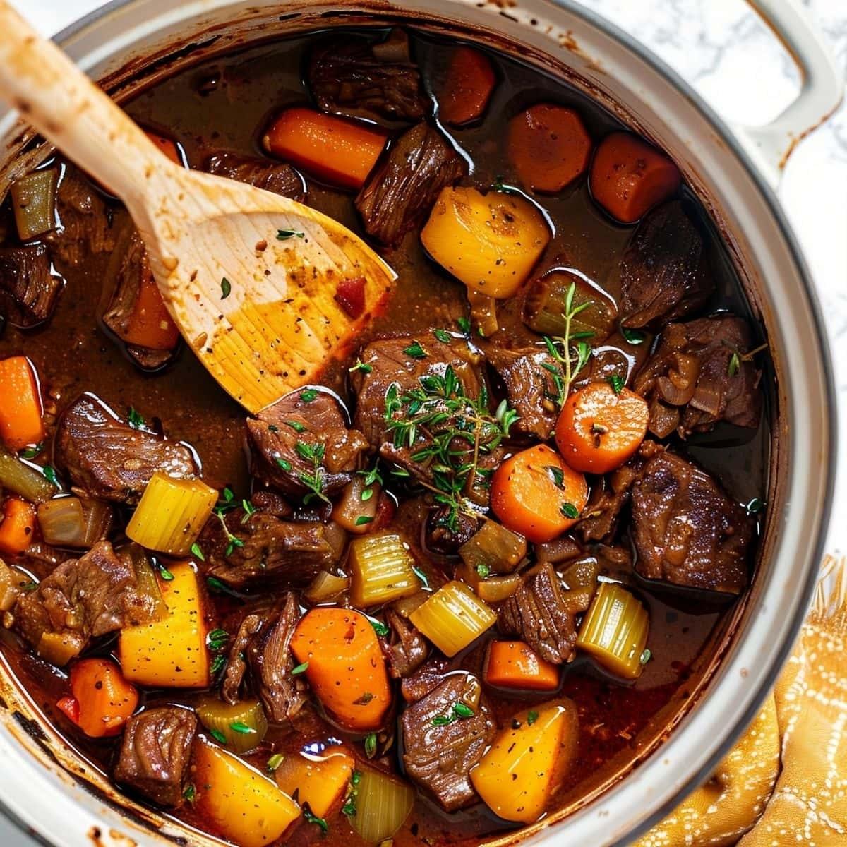 A pot of hearty beef stew simmering on the stove. The stew is filled with tender chunks of beef, carrots, potatoes, and celery, all cooked in a rich and flavorful broth.