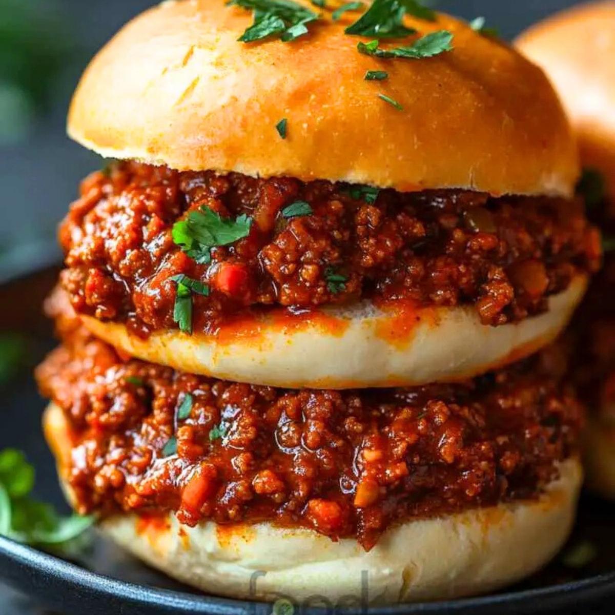 A close-up of a sloppy joe sandwich with a generous pile of meaty sauce on a soft bun.