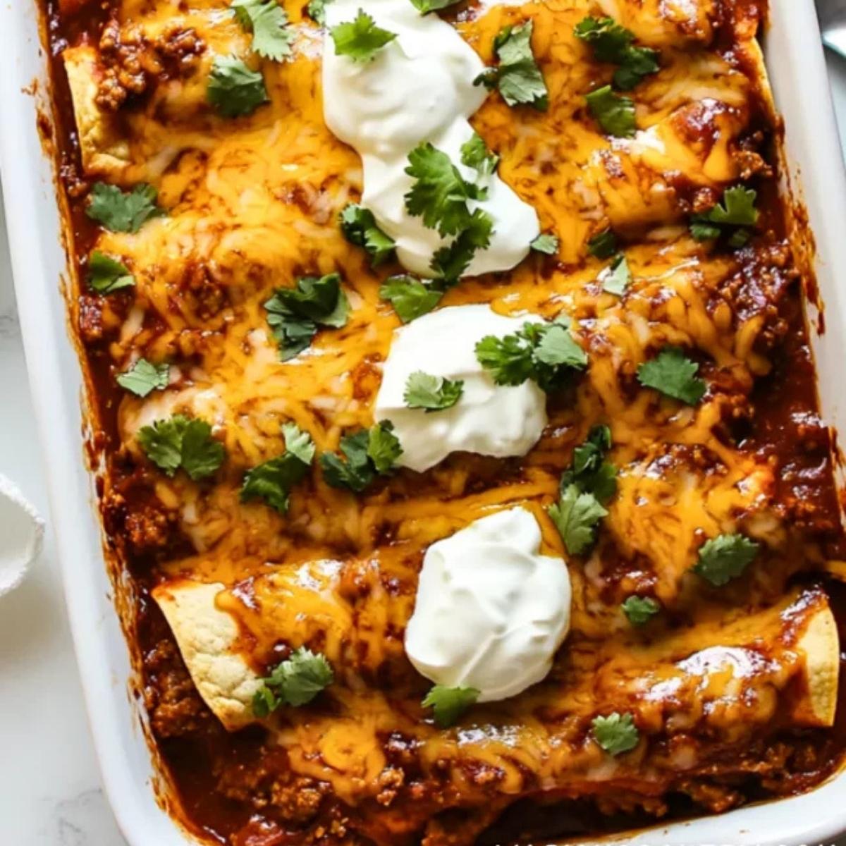 A close-up of a baking dish filled with golden-brown enchiladas. 